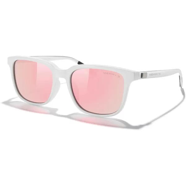 MERRYS Unisex Rectangle Polarized Sunglasses Vintage Sun Glasses For MenWomen Aluminum LegsWhite FramePink Mirror LensSilver Temples