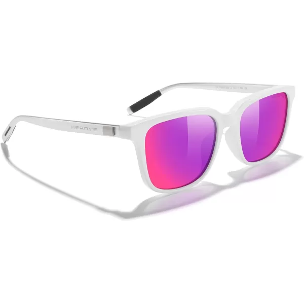 MERRYS Unisex Rectangle Polarized Sunglasses Vintage Sun Glasses For MenWomen Aluminum LegsWhite FramePurple Mirror LensSilver Temples