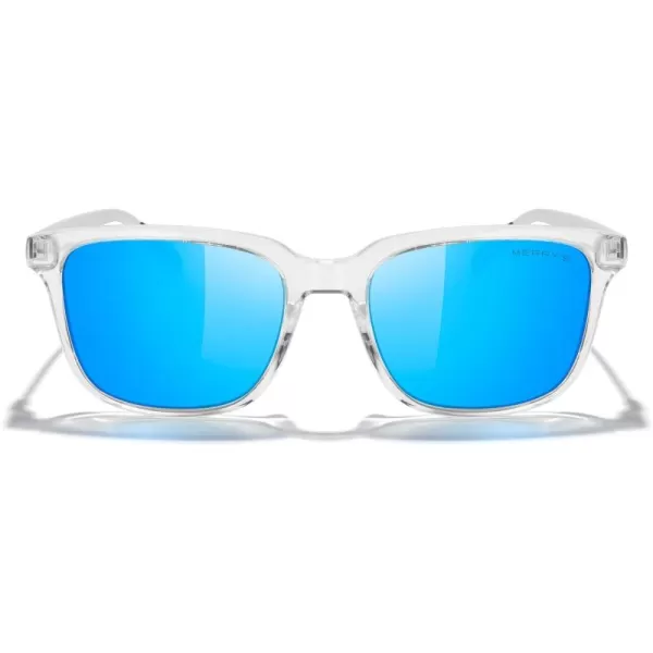 MERRYS Unisex Rectangle Polarized Sunglasses Vintage Sun Glasses For MenWomen Aluminum LegsTransparent FrameBlue Mirror LensSilver Temples