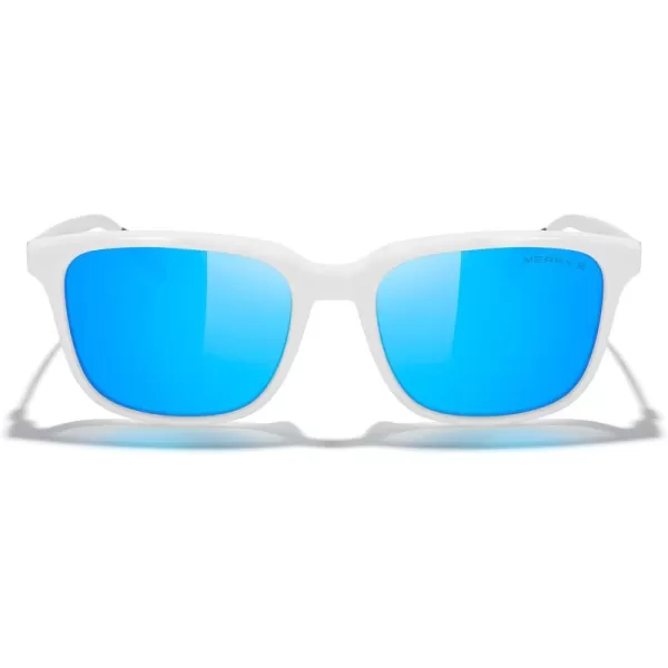MERRYS Unisex Rectangle Polarized Sunglasses Vintage Sun Glasses For MenWomen Aluminum LegsWhite FrameBlue Mirror LensSilver Temples