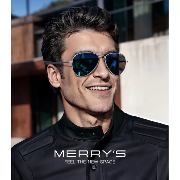 MERRYS Classic Aviator Military Polarized Sunglasses for Men or Women S8562Matte Chrome FrameDark Blue Mirror Polarized Lens