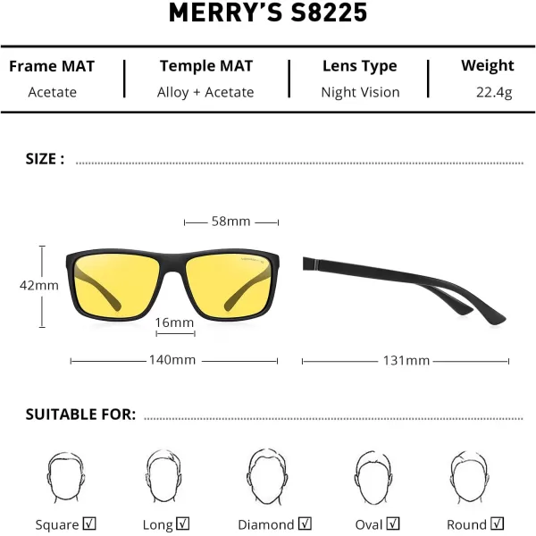 MERRYS Rectangular Polarized Sports Sunglasses for Men Women Cycling Driving Fishing UV400 Protection S8225Matte Black FrameGray MetalNight Vision Lens