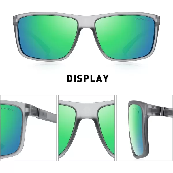 MERRYS Rectangular Polarized Sports Sunglasses for Men Women Cycling Driving Fishing UV400 Protection S8225Tra Gray FrameGray MetalGreen Mirror Lens