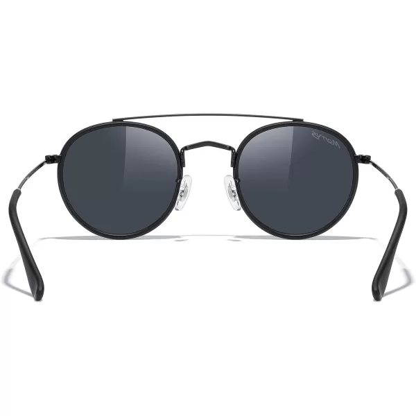 MERRYS Retro Round Polarized Sunglasses  Unisex Double Bridge Sun GlassesMatte Black FrameMatte Black BridgeBlack Lens