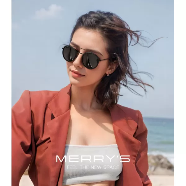 MERRYS Retro Round Polarized Sunglasses  Unisex Double Bridge Sun GlassesMatte Black FrameMatte Black BridgeBlack Lens