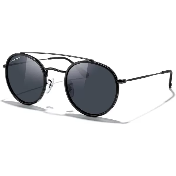 MERRYS Retro Round Polarized Sunglasses  Unisex Double Bridge Sun GlassesMatte Black FrameMatte Black BridgeBlack Lens