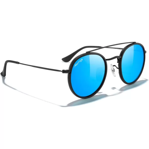 MERRYS Retro Round Polarized Sunglasses  Unisex Double Bridge Sun GlassesMatte Black FrameMatte Black BridgeBlue Mirror Lens