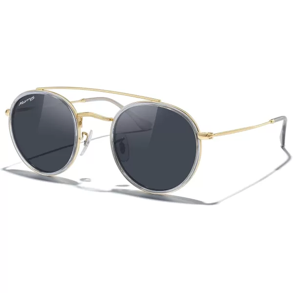 MERRYS Retro Round Polarized Sunglasses  Unisex Double Bridge Sun GlassesTra Gray FrameGold BridgeBlack Lens