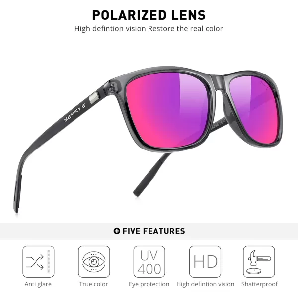 MERRYS Unisex Polarized Aluminum Sunglasses Vintage Sun Glasses For MenWomen S8286Drak Grey FrameRed Purple Mirror LensBlack Temples
