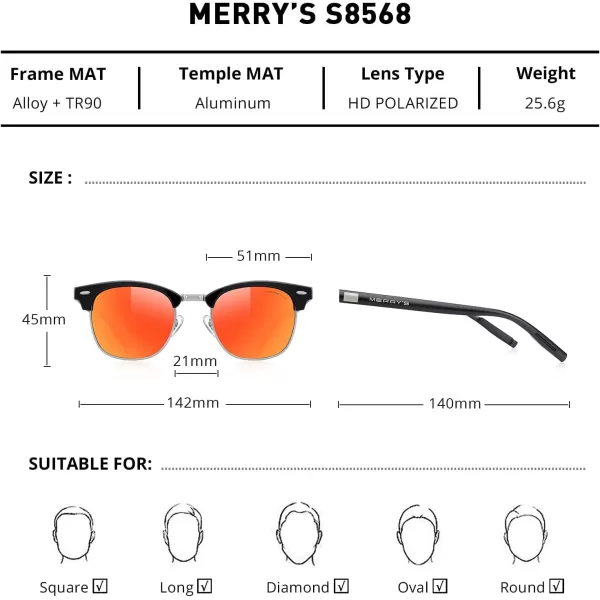 MERRYS Unisex Polarized Aluminum Sunglasses for Men Women Semi Rimless Retro Brand Driving Sun GlassesBlack FrameSilver BridgeRed Mirror Lens