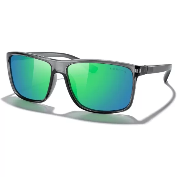 MERRYS Rectangular Polarized Sports Sunglasses for Men Women Cycling Driving Fishing UV400 Protection S8225Bright Tra Gray FrameGray MetalGreen Mirror Lens