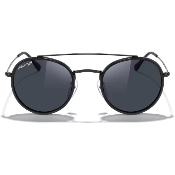 MERRYS Retro Round Polarized Sunglasses  Unisex Double Bridge Sun GlassesMatte Black FrameMatte Black BridgeBlack Lens