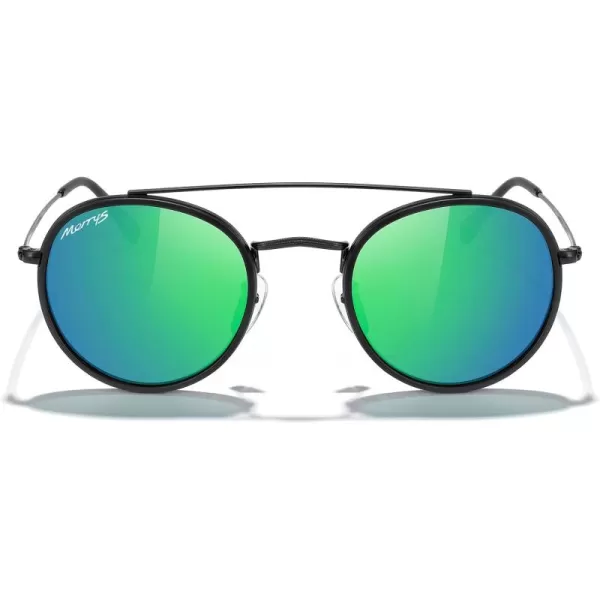 MERRYS Retro Round Polarized Sunglasses  Unisex Double Bridge Sun GlassesMatte Black FrameMatte Black BridgeGreen Mirror Lens