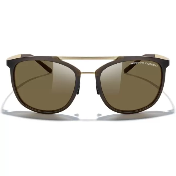 MERRYS Square Polarized Sunglasses for Men Women Vintage Double Bridge Sunglasses Mirrored LensBrown FrameGold BridgeBrown Lens