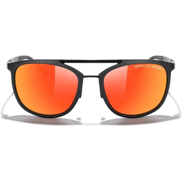 MERRYS Square Polarized Sunglasses for Men Women Vintage Double Bridge Sunglasses Mirrored LensMatte Black FrameMatte Black BridgeRed Mirror Lens
