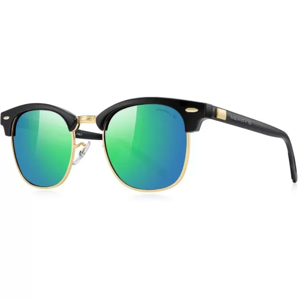 MERRYS Unisex Polarized Aluminum Sunglasses for Men Women Semi Rimless Retro Brand Driving Sun GlassesBlack FrameGold BridgeGreen Mirror Lens
