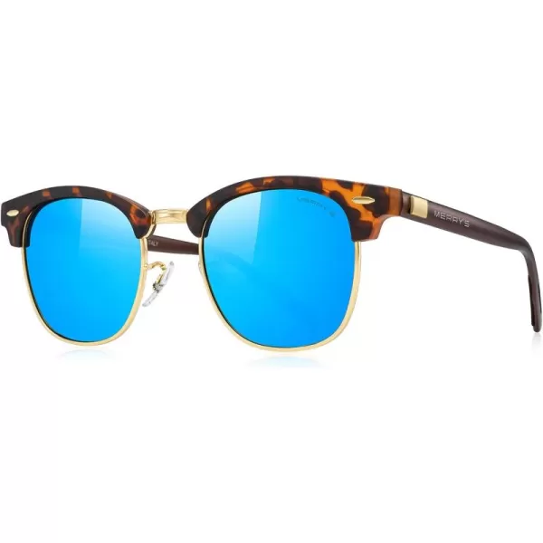 MERRYS Unisex Polarized Aluminum Sunglasses for Men Women Semi Rimless Retro Brand Driving Sun GlassesMatte Leopard FrameGold BridgeBlue Mirror Lens