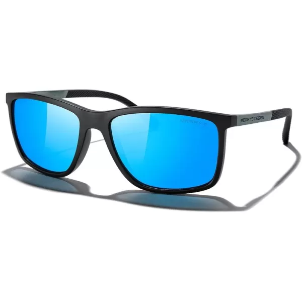 MERRYS Unisex Rectangle Polarized Sunglasses For Fishing Driving Golf Aluminum Temple S8658Matte Black FrameBlue Mirror LensGrey Temples