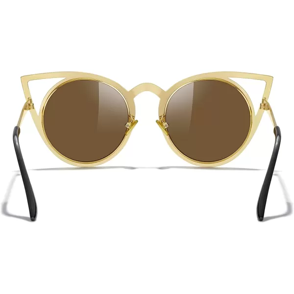 MERRYS Cat Eye Sunglasses Round Metal CutOut Flash Mirror Lens Sun glasses S8064Gold Framebrown Lens