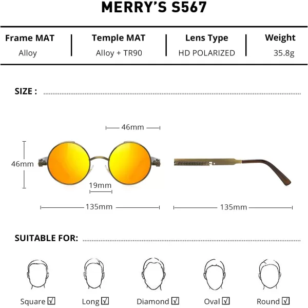 MERRYS Gothic Steampunk Sunglasses for Women Men Round Lens Metal Frame S567Browngold