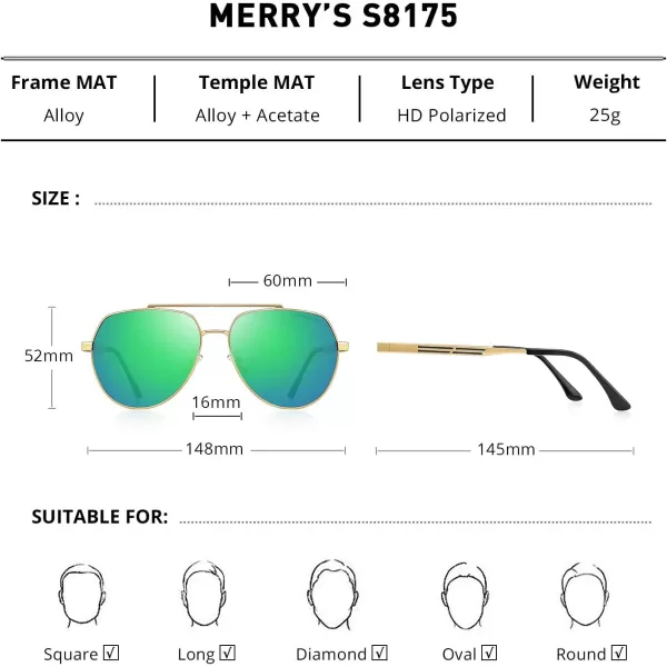 MERRYS Men Classic Pilot Sunglasses for Men Women  Polarized Driving Sun glasses Mirrored Lens UV 400 Protection 58 MMZgoldgreen