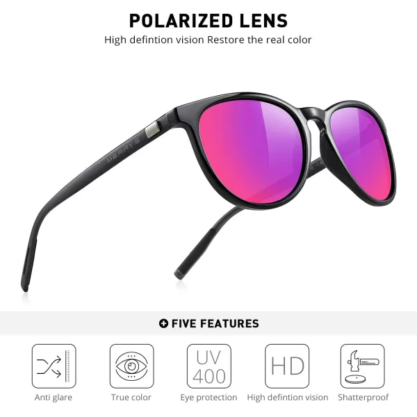 MERRYS Polarized Sunglasses for Women Men Vintage Retro Classic Round Frame Aluminum Legs S8288Black FrameRed Purple Mirror LensBlack Temples