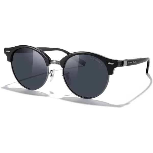 MERRYS Round Polarized Sunglasses for Women Men Classic Retro Half Frame Aluminum TemplesBlack FrameGray BridgeBlack Lens