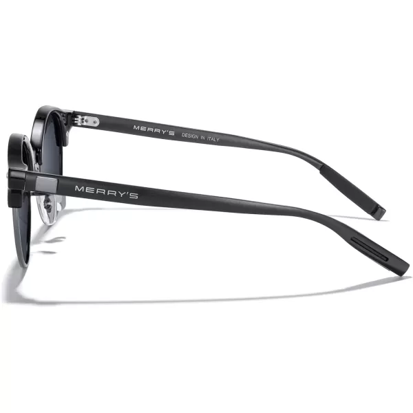 MERRYS Round Polarized Sunglasses for Women Men Classic Retro Half Frame Aluminum TemplesBlack FrameGray BridgeBlack Lens