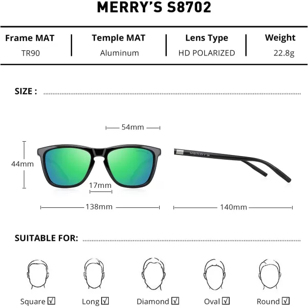 MERRYS Unisex Polarized Sunglasses for Women Men Classic Retro Designer Style Aluminum LegsBlack FrameGreen Mirror LensBlack Temples