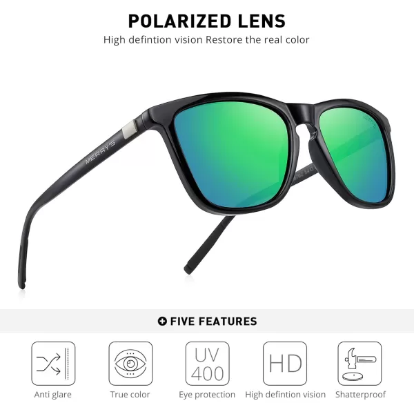 MERRYS Unisex Polarized Sunglasses for Women Men Classic Retro Designer Style Aluminum LegsBlack FrameGreen Mirror LensBlack Temples