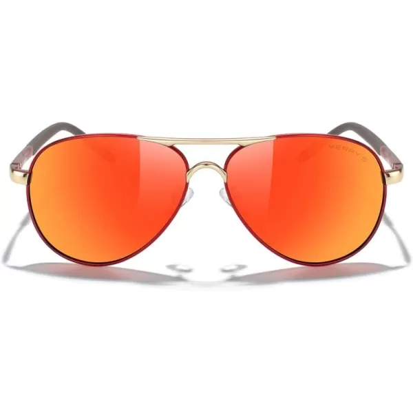 MERRYS Aviator Sunglasses For Men Women Polarized Driving Sun glasses UV400 Protection S8513Red FrameGold BridgeRed Mirror Lens
