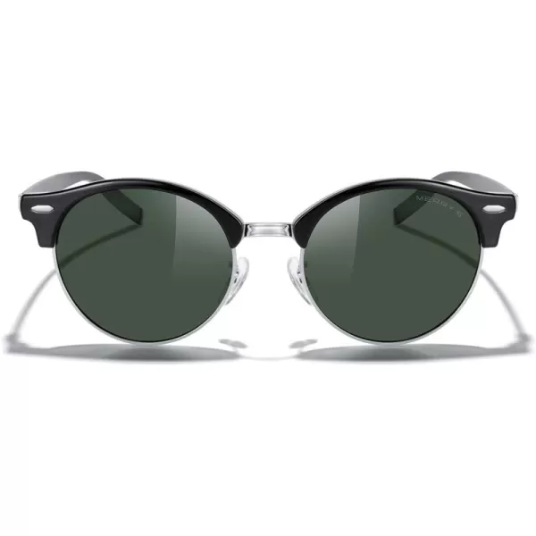 MERRYS Round Polarized Sunglasses for Women Men Classic Retro Half Frame Aluminum TemplesBlack FrameSilver BridgeG15 Lens