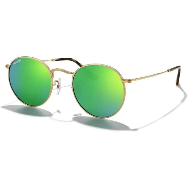 MERRYS Trendy Round Metal Polarized Sunglasses for Women and Men Retro Classic Vintage Shades S6447Polished Gold FrameGreen Mirror Lens