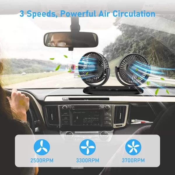 TriPole Car Fan 12V  24V Portable Auto Cooling Fan Dual Head Rotatable Vehicle Fan 3 Speeds Strong Wind Air Circulation Fan for Car Dashboard Electric Fan for Truck SUV Sedan RV Van Boat Golf Cart