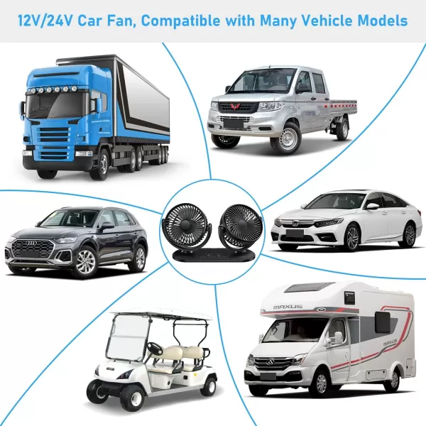 TriPole Car Fan 12V  24V Portable Auto Cooling Fan Dual Head Rotatable Vehicle Fan 3 Speeds Strong Wind Air Circulation Fan for Car Dashboard Electric Fan for Truck SUV Sedan RV Van Boat Golf Cart