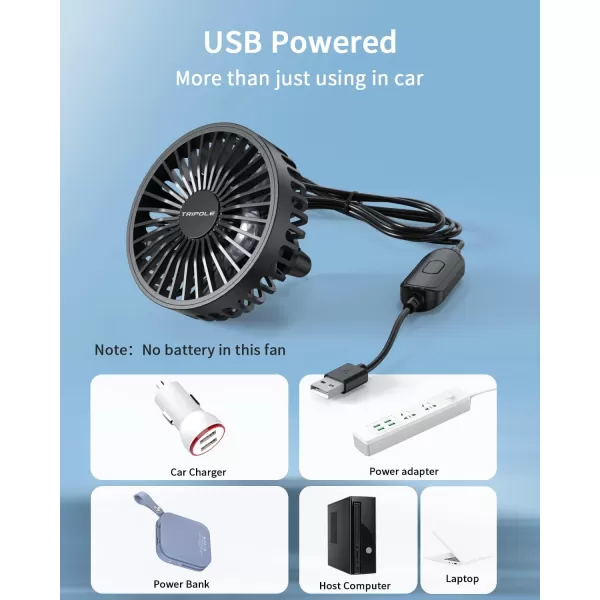 TriPole Car Fan USB Fan for Car Vent Powerful 3 Speed Car Cooling Clip Fan with Quiet Brushless Motor 360 Degree Rotatable Portable Fan for Car Vehicle Van Truck SUV RV