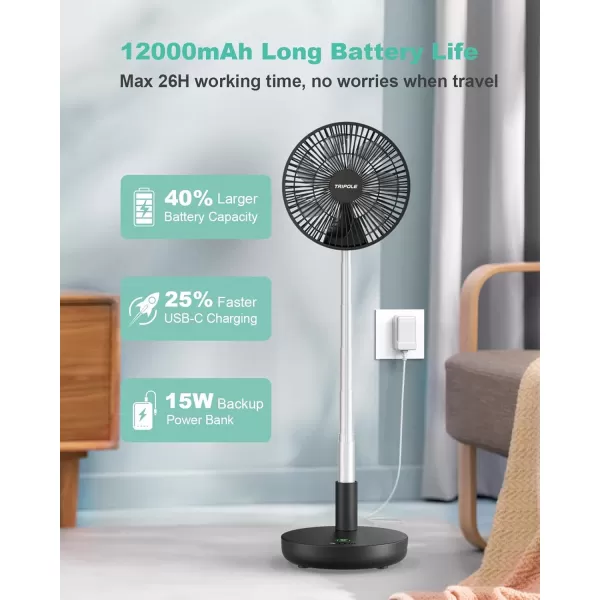 TriPole Portable Standing Fan Oscillating Fan with Remote 9 Inch Foldable Quiet Travel Fan with Power Bank Function 12000mAh Rechargeable Battery Operated Fan for Bedroom Outdoor Trip Camping Black