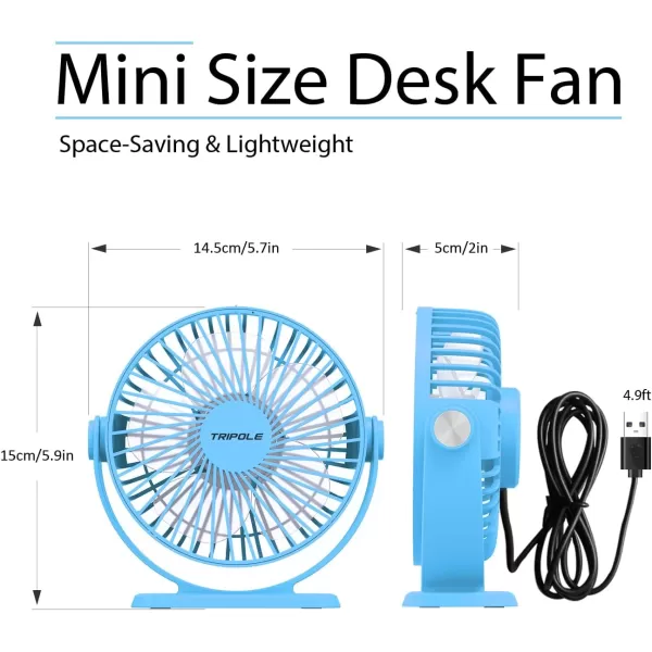 TriPole Small Desk Fan USB Powered Personal Fan Strong Airflow 3 Speeds Mini Fan 360Rotation Portable Fan 51 Inch Quiet Table Fan for Home Office Bedroom Desktop Travel Green 49ft CableBlue