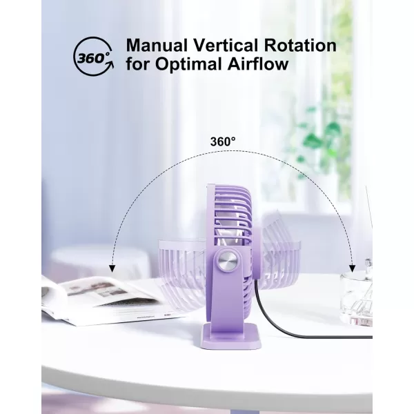 TriPole Small Desk Fan USB Powered Personal Fan Strong Airflow 3 Speeds Mini Fan 360Rotation Portable Fan 51 Inch Quiet Table Fan for Home Office Bedroom Desktop Travel Green 49ft CablePurple