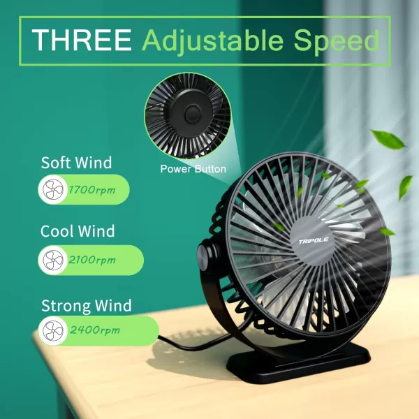 TriPole Small Desk Fan USB Powered Personal Fan Strong Airflow 3 Speeds Mini Fan 360Rotation Portable Fan 51 Inch Quiet Table Fan for Home Office Bedroom Desktop Travel Green 49ft CableBlack  Black