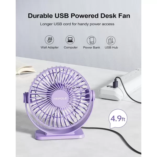 TriPole Small Desk Fan USB Powered Personal Fan Strong Airflow 3 Speeds Mini Fan 360Rotation Portable Fan 51 Inch Quiet Table Fan for Home Office Bedroom Desktop Travel Green 49ft CablePurple