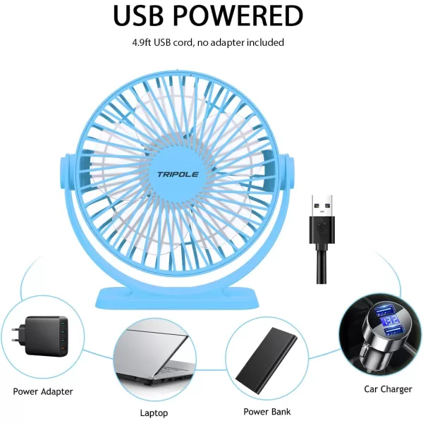 TriPole Small Desk Fan USB Powered Personal Fan Strong Airflow 3 Speeds Mini Fan 360Rotation Portable Fan 51 Inch Quiet Table Fan for Home Office Bedroom Desktop Travel Green 49ft CableBlue