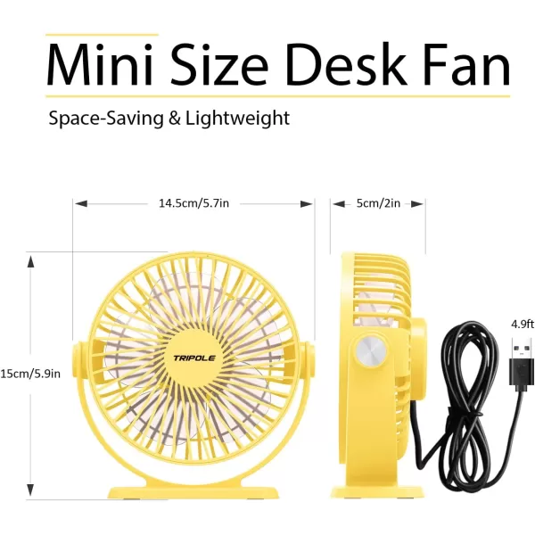 TriPole Small Desk Fan USB Powered Personal Fan Strong Airflow 3 Speeds Mini Fan 360Rotation Portable Fan 51 Inch Quiet Table Fan for Home Office Bedroom Desktop Travel Green 49ft CableYellow