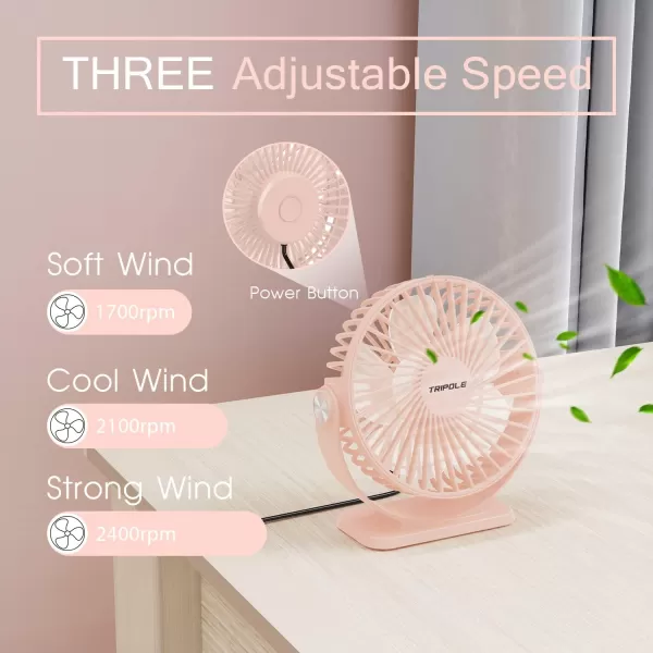 TriPole Small Desk Fan USB Powered Personal Fan Strong Airflow 3 Speeds Mini Fan 360Rotation Portable Fan 51 Inch Quiet Table Fan for Home Office Bedroom Desktop Travel Green 49ft CablePink