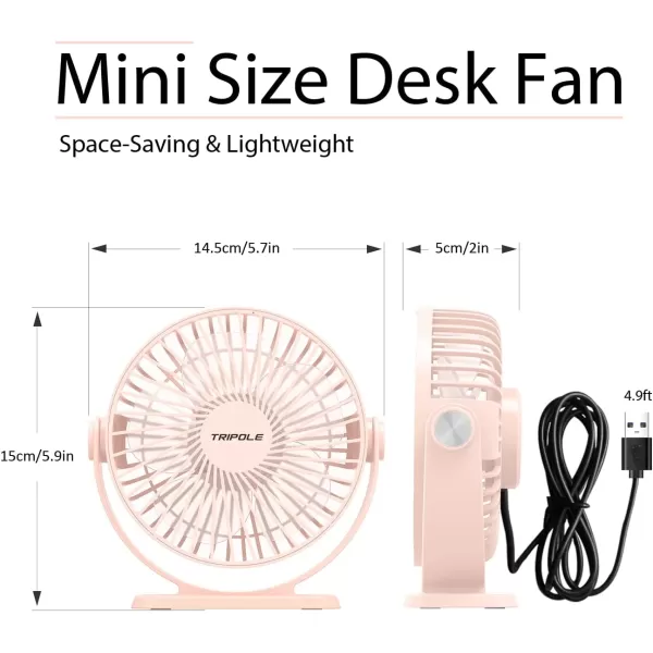 TriPole Small Desk Fan USB Powered Personal Fan Strong Airflow 3 Speeds Mini Fan 360Rotation Portable Fan 51 Inch Quiet Table Fan for Home Office Bedroom Desktop Travel Green 49ft CablePink