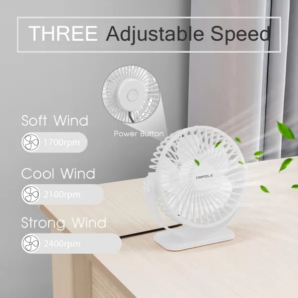 TriPole Small Desk Fan USB Powered Personal Fan Strong Airflow 3 Speeds Mini Fan 360Rotation Portable Fan 51 Inch Quiet Table Fan for Home Office Bedroom Desktop Travel Green 49ft CableWhite