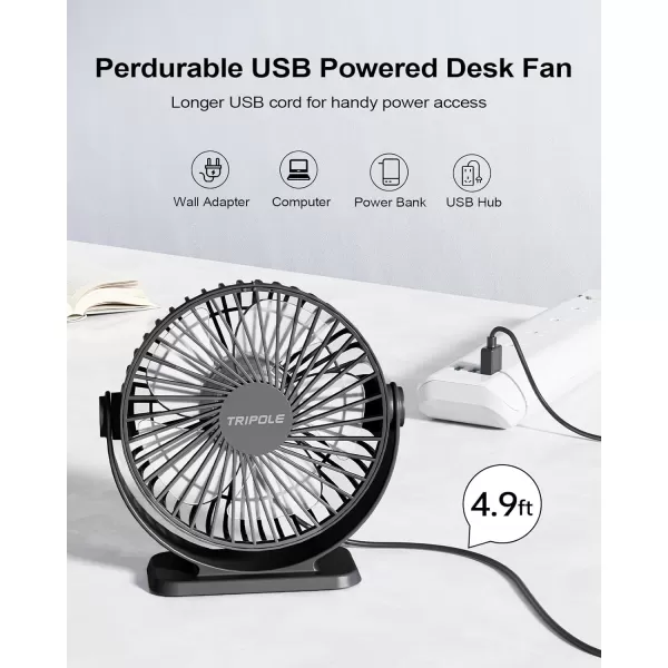 TriPole Small Desk Fan USB Powered Personal Fan Strong Airflow 3 Speeds Mini Fan 360Rotation Portable Fan 51 Inch Quiet Table Fan for Home Office Bedroom Desktop Travel Green 49ft CableBlack