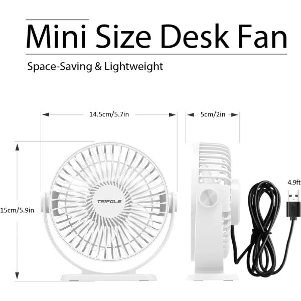 TriPole Small Desk Fan USB Powered Personal Fan Strong Airflow 3 Speeds Mini Fan 360Rotation Portable Fan 51 Inch Quiet Table Fan for Home Office Bedroom Desktop Travel Green 49ft CableWhite