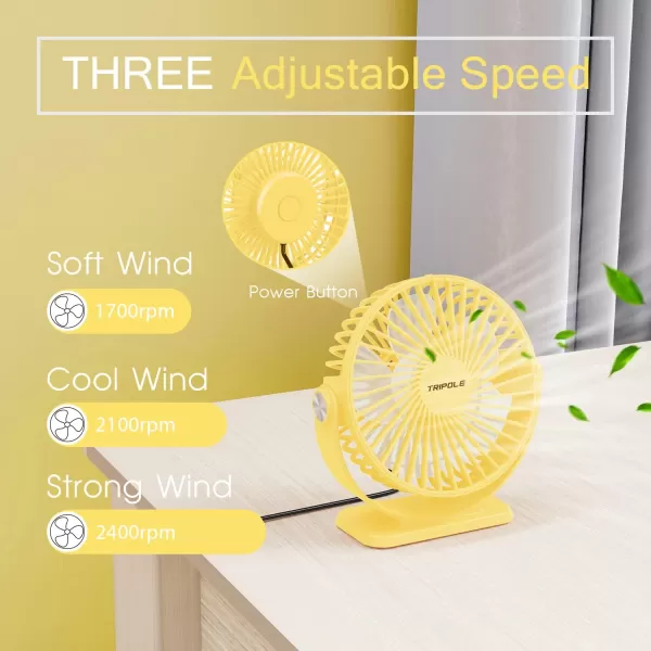TriPole Small Desk Fan USB Powered Personal Fan Strong Airflow 3 Speeds Mini Fan 360Rotation Portable Fan 51 Inch Quiet Table Fan for Home Office Bedroom Desktop Travel Green 49ft CableYellow