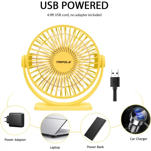 TriPole Small Desk Fan USB Powered Personal Fan Strong Airflow 3 Speeds Mini Fan 360Rotation Portable Fan 51 Inch Quiet Table Fan for Home Office Bedroom Desktop Travel Green 49ft CableYellow